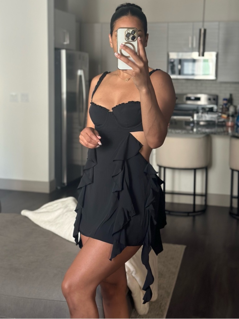 Oh Polly Black Ruffle Cutout Mini Dress Size 8